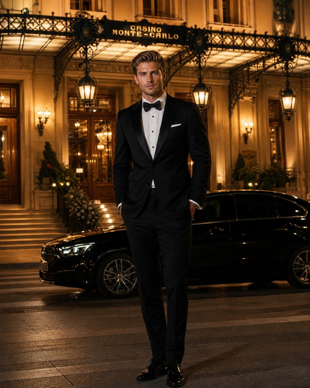 AI-generated fashion campaign photo of a male model in a black tuxedo outside the Casino de Monte-Carlo at night