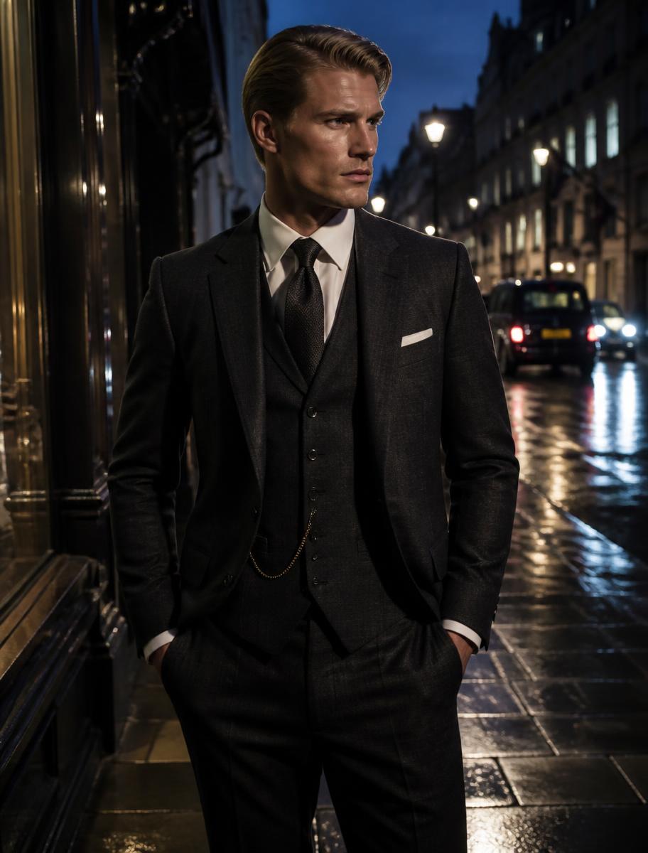 AI fashion campaign image: Three-piece — Mayfair